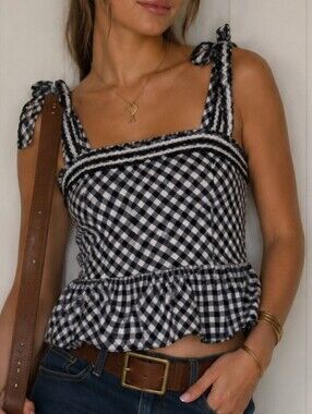 Gingham Shoulder Tie Peplum Top Size XL